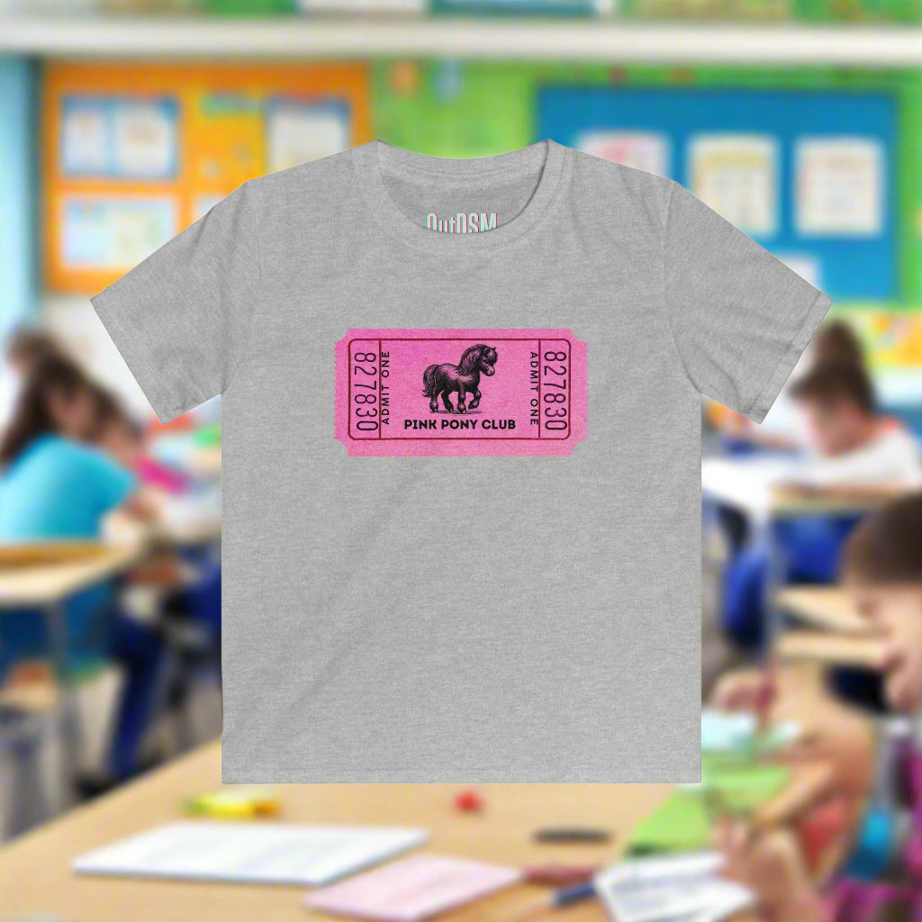Gray t-shirt with pink pony club logo on a white background
