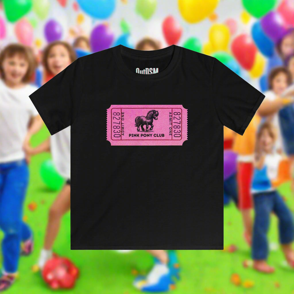 Black t-shirt with a pink ticket design featuring a horse on a white background