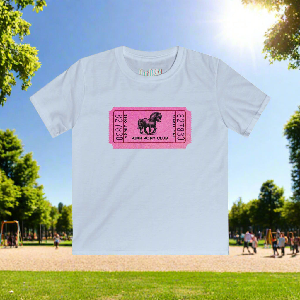 Light blue t-shirt with a pink pony club logo on a white background