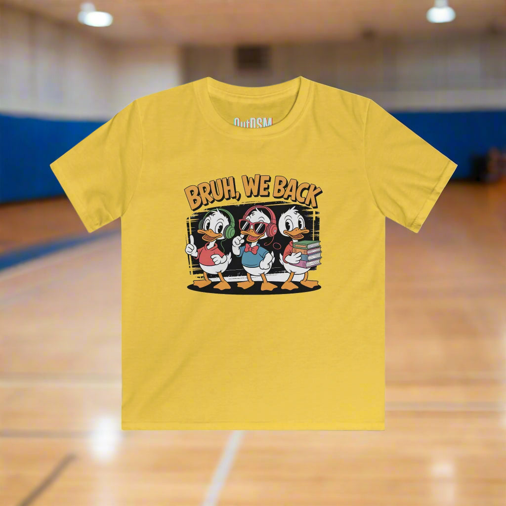 Yellow t-shirt with cartoon characters and text on a white background