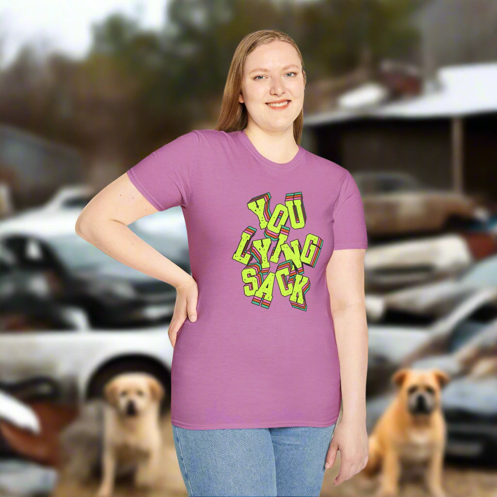 Person wearing a purple t-shirt with colorful text design on a white background
