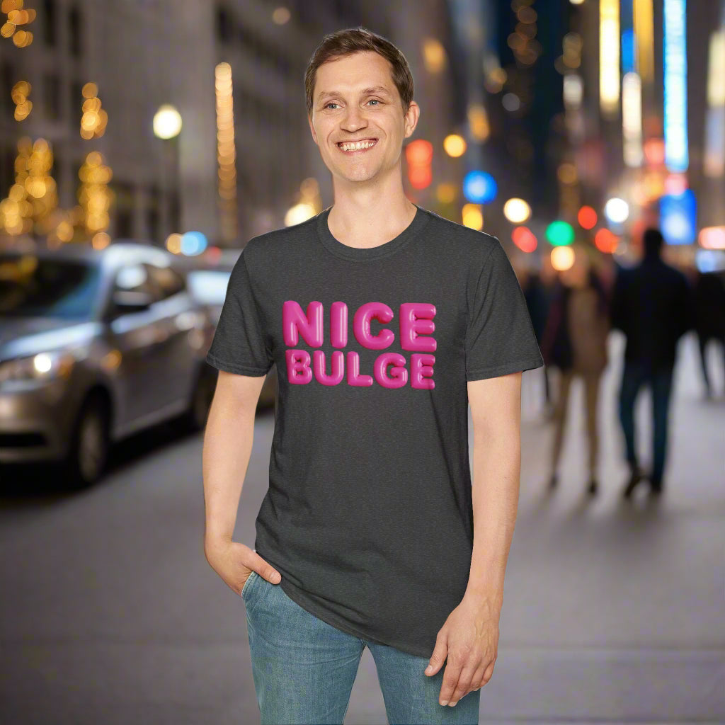 Person wearing a black t-shirt with 'NICE BULGE' in pink text on a white background
