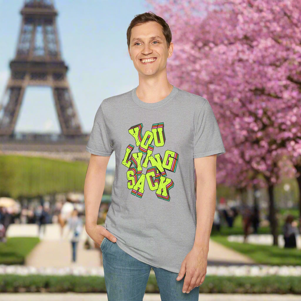 Person wearing a gray t-shirt with colorful text design on a white background