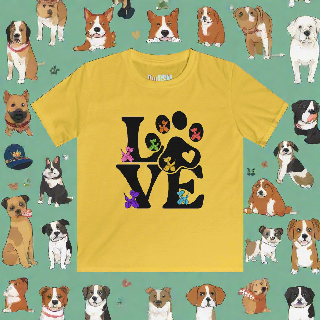 Yellow t-shirt with 'LOVE' design featuring paw prints and flowers on a white background