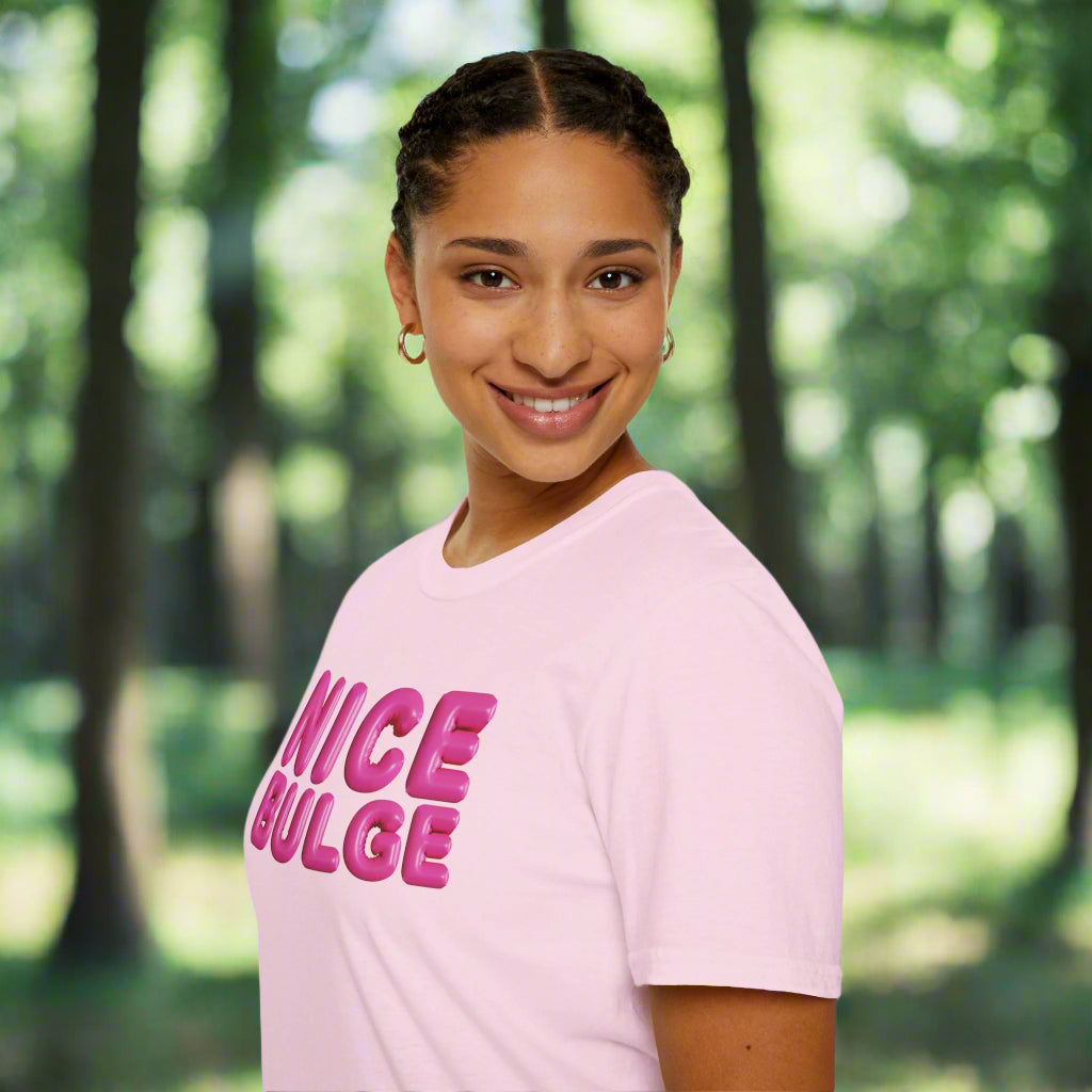 Person wearing a pink t-shirt with 'NICE BULGE' text on a white background