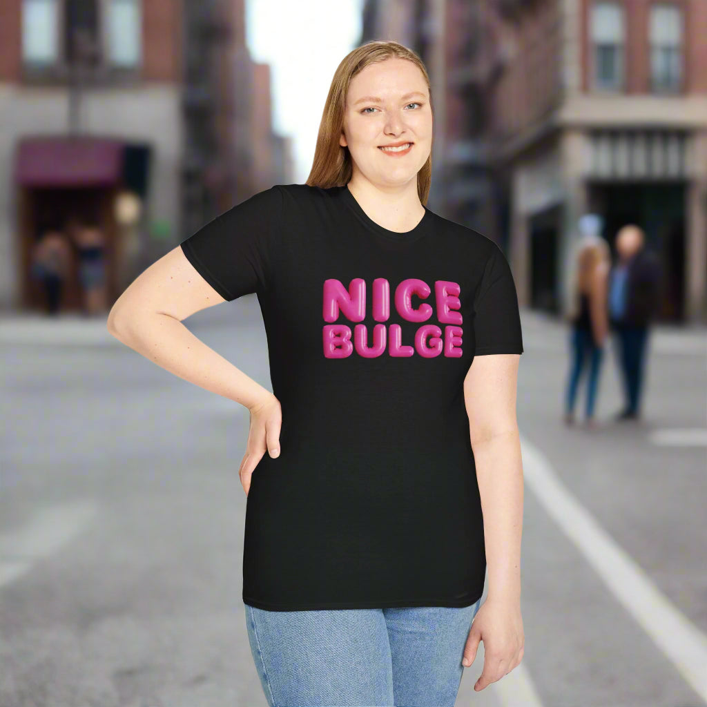 Person wearing a black t-shirt with 'NICE BULGE' in pink text on a white background