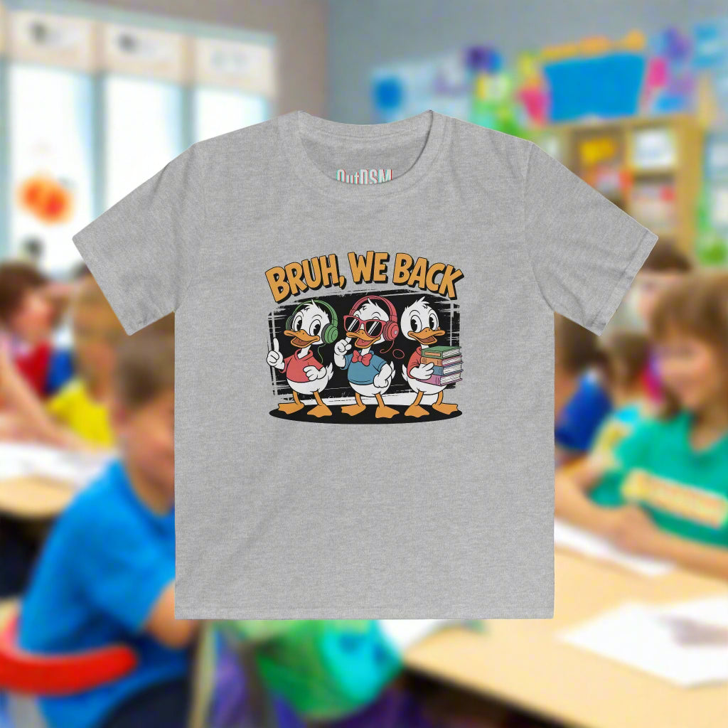 Gray t-shirt with cartoon characters and 'BRUH, WE BACK' text on a white background