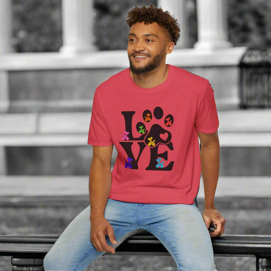 Man wearing a red t-shirt with a colorful 'LOVE' design sitting on a white stool.