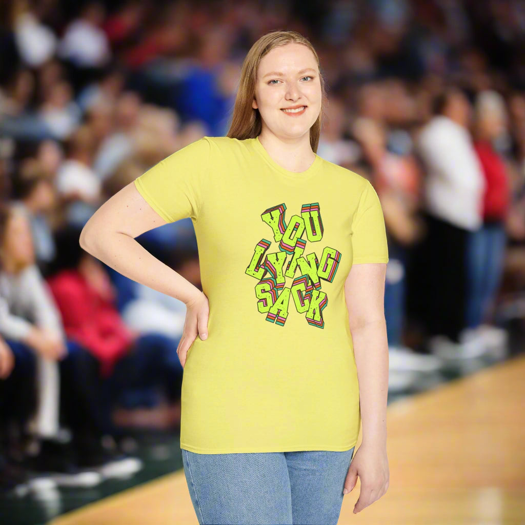 Person wearing a yellow t-shirt with colorful text design on a white background