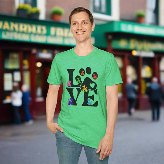 Person wearing a green t-shirt with a paw print design and 'LOVE' text on a white background