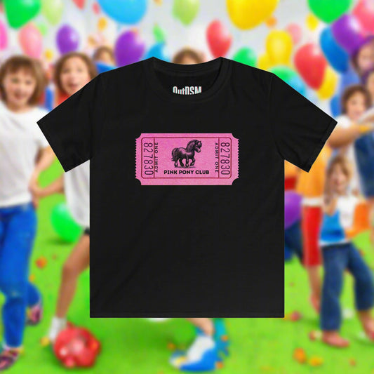 Black t-shirt with a pink ticket design featuring a horse on a white background