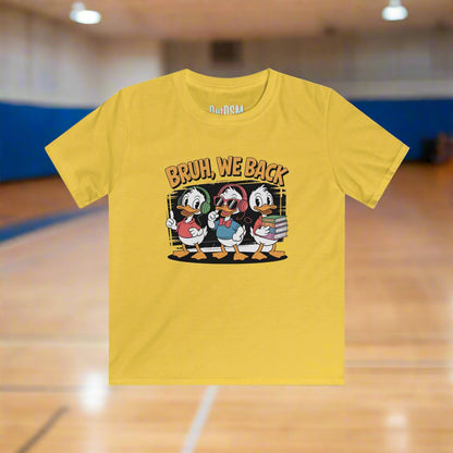 Yellow t-shirt with cartoon characters and text on a white background