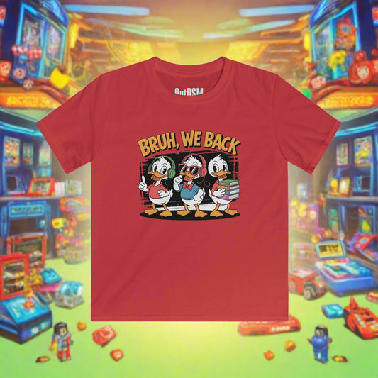 Red t-shirt with cartoon characters and 'BRUH, WE BACK' text on a white background