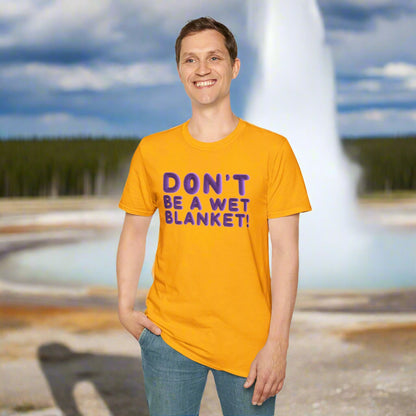 Person wearing a yellow t-shirt with text on a white background