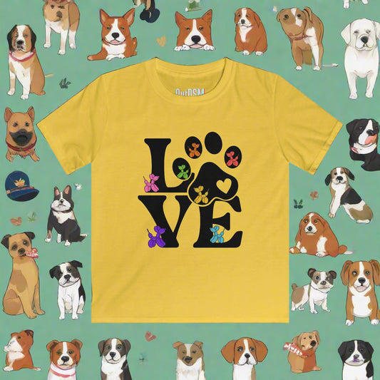Yellow t-shirt with 'LOVE' design featuring paw prints and flowers on a white background