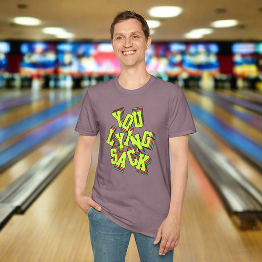 Person wearing a purple t-shirt with colorful text design on a white background