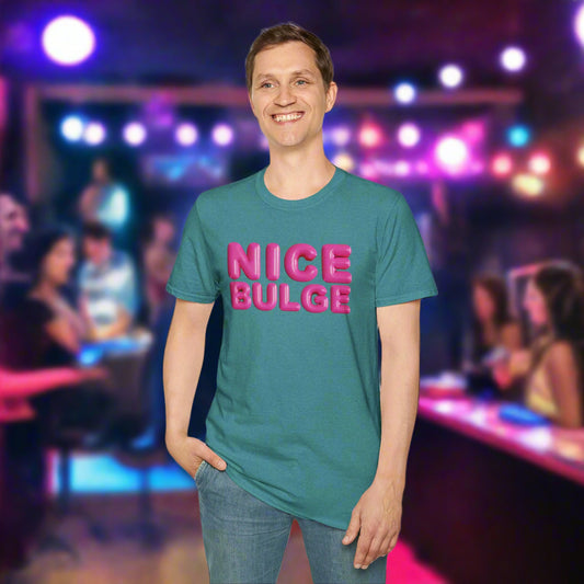Person wearing a teal t-shirt with 'NICE BULGE' in pink text on a white background